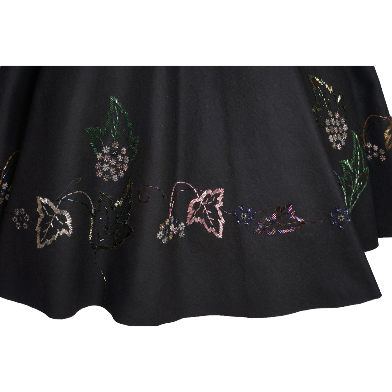 Vintage 1950s Circle Skirt Black Wool Felt with Beadwork Size Sml 25 Inch Waist - Poppy's Vintage Clothing
