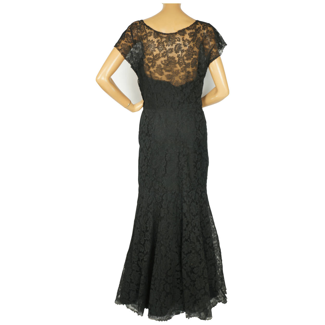 Vintage 1930s Evening Gown Black Chantilly Lace Dress Fishtail Ball Gown Sz M L - Poppy's Vintage Clothing