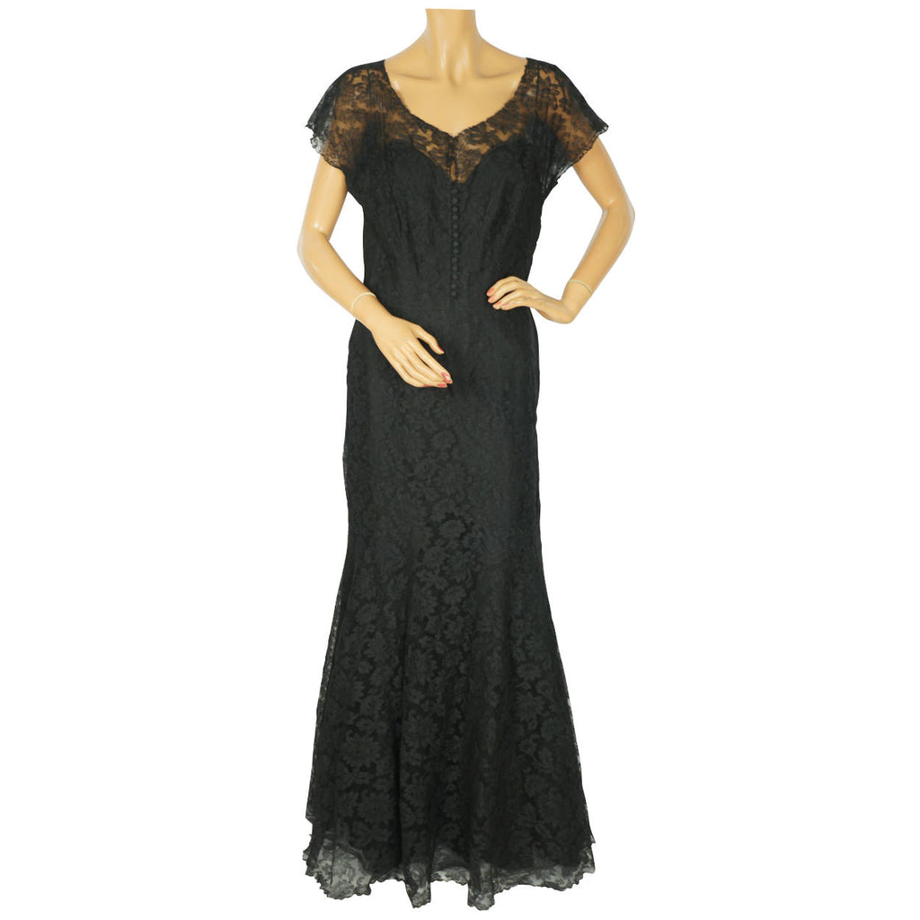 Vintage 1930s Evening Gown Black Chantilly Lace Dress Fishtail Ball Gown Sz M L - Poppy's Vintage Clothing