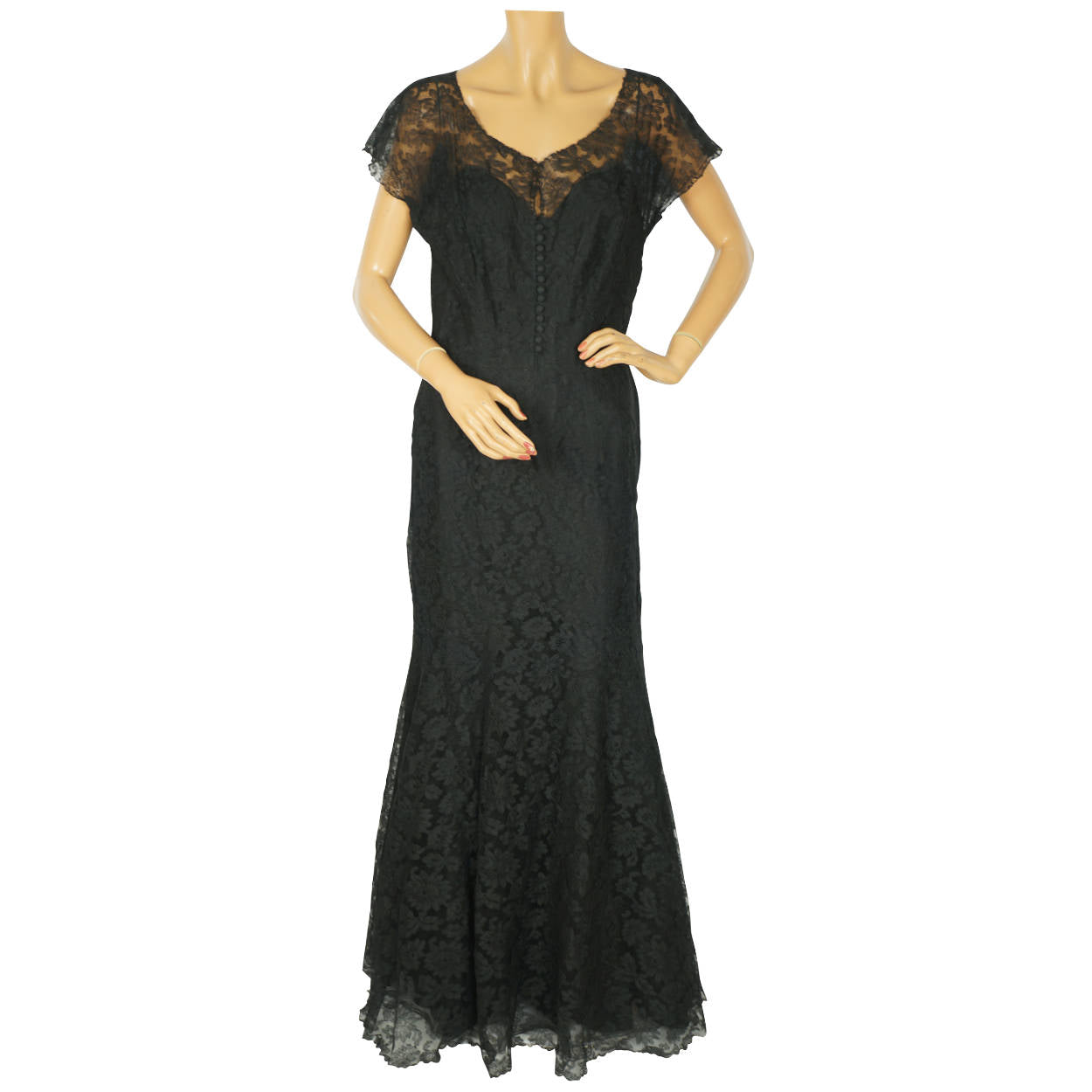 Vintage 1930s Evening Gown Black Chantilly Lace Dress Fishtail Ball Gown Sz M L - Poppy's Vintage Clothing