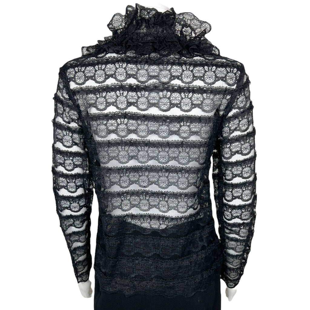 Vintage 1960s Black Lace Blouse w Ruffled Collar Nylon Sz M