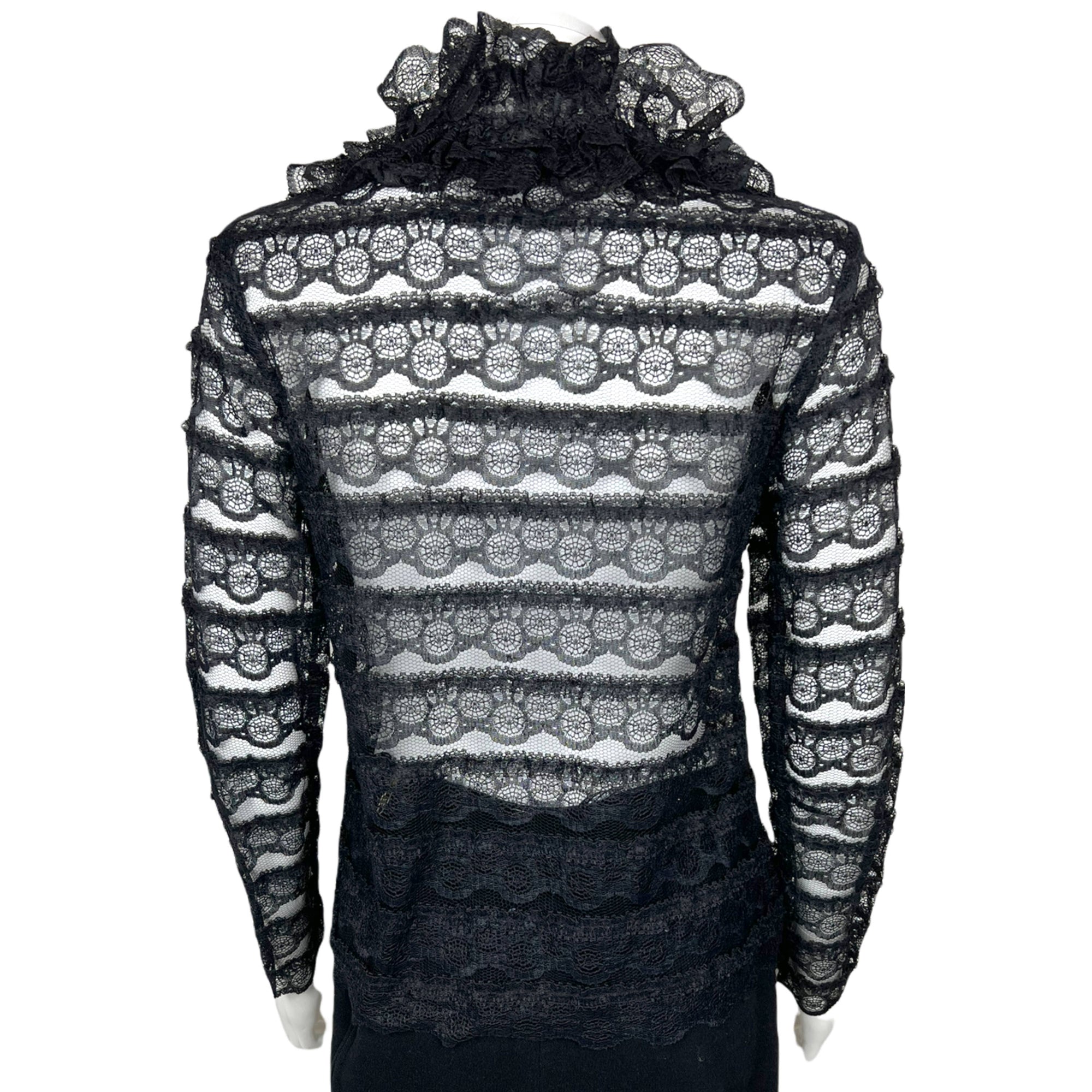 Vintage 1960s Black Lace Blouse w Ruffled Collar Nylon Sz M