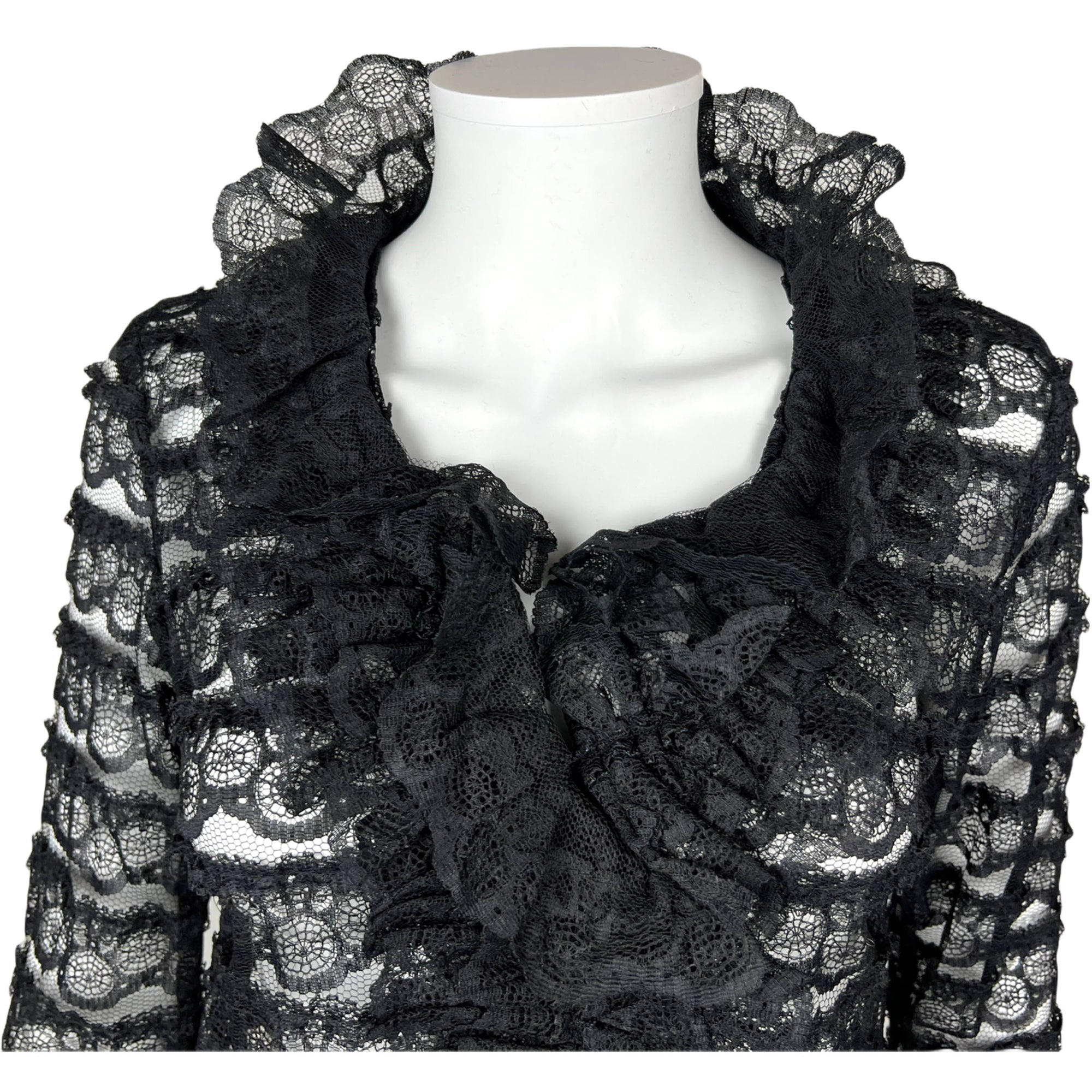 Vintage 1960s Black Lace Blouse w Ruffled Collar Nylon Sz M