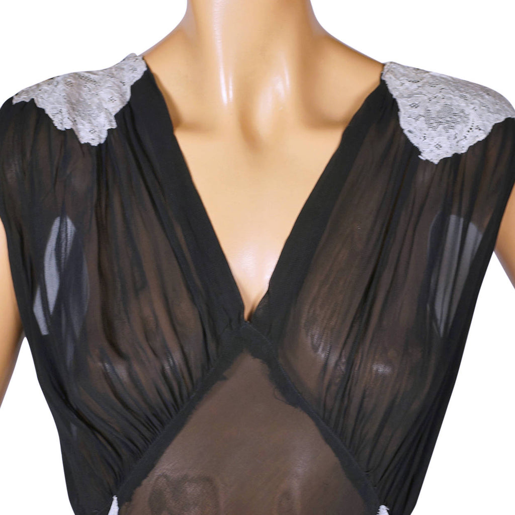 Vintage 1930s Black Rayon Chiffon Nightgown Nightie with Lace Trim Large - Poppy's Vintage Clothing