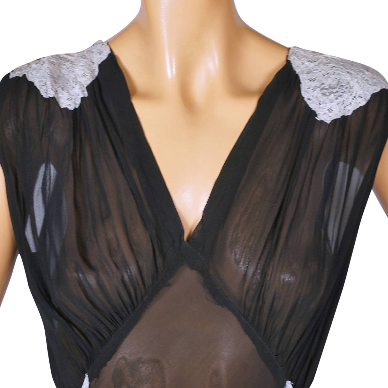Vintage 1930s Black Rayon Chiffon Nightgown Nightie with Lace Trim Large - Poppy's Vintage Clothing