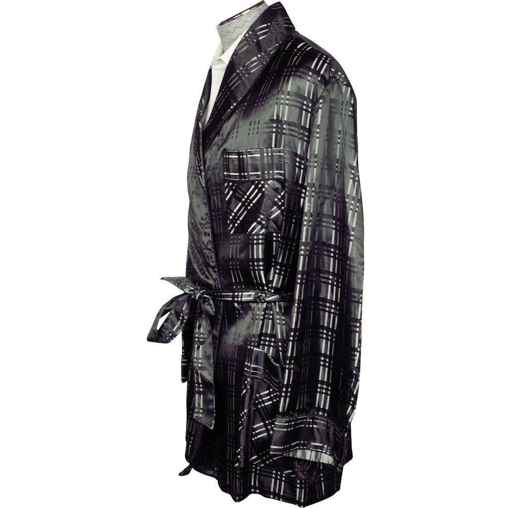 Vintage Smoking Jacket Black &amp; Silver Satin Plaid Pattern Robe Mens Size XL - Poppy's Vintage Clothing