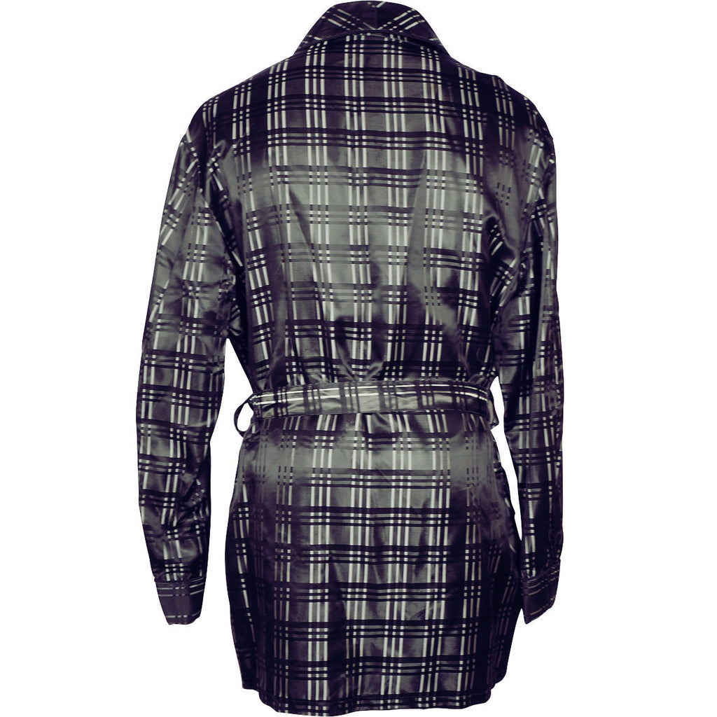 Vintage Smoking Jacket Black &amp; Silver Satin Plaid Pattern Robe Mens Size XL - Poppy's Vintage Clothing