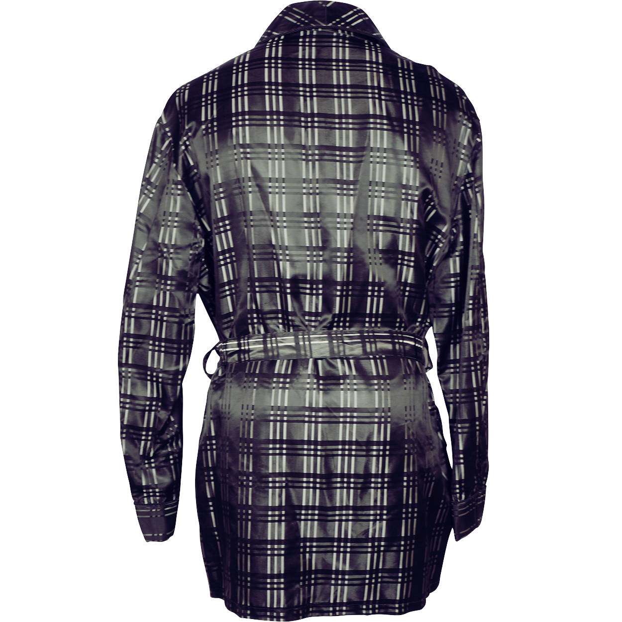 Vintage Smoking Jacket Black &amp; Silver Satin Plaid Pattern Robe Mens Size XL - Poppy's Vintage Clothing