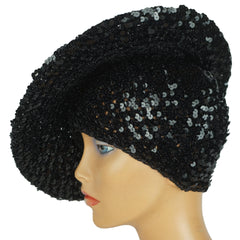 Vintage 70s Black Sequinned Beret Disco Hat