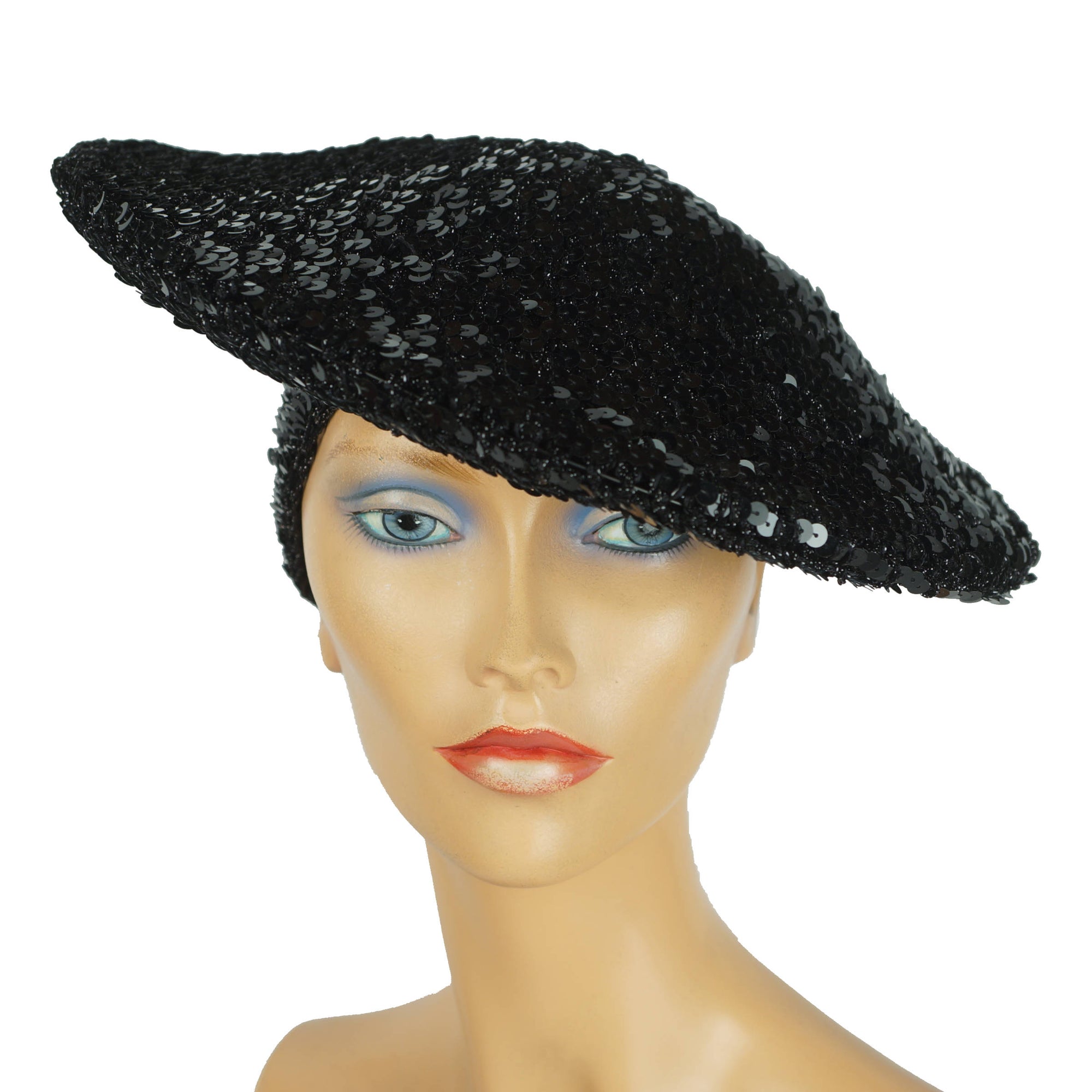 Vintage 70s Black Sequinned Beret Disco Hat