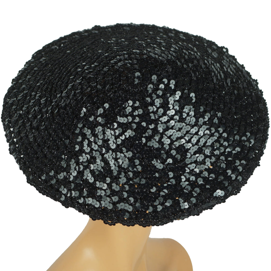 Vintage 70s Black Sequinned Beret Disco Hat