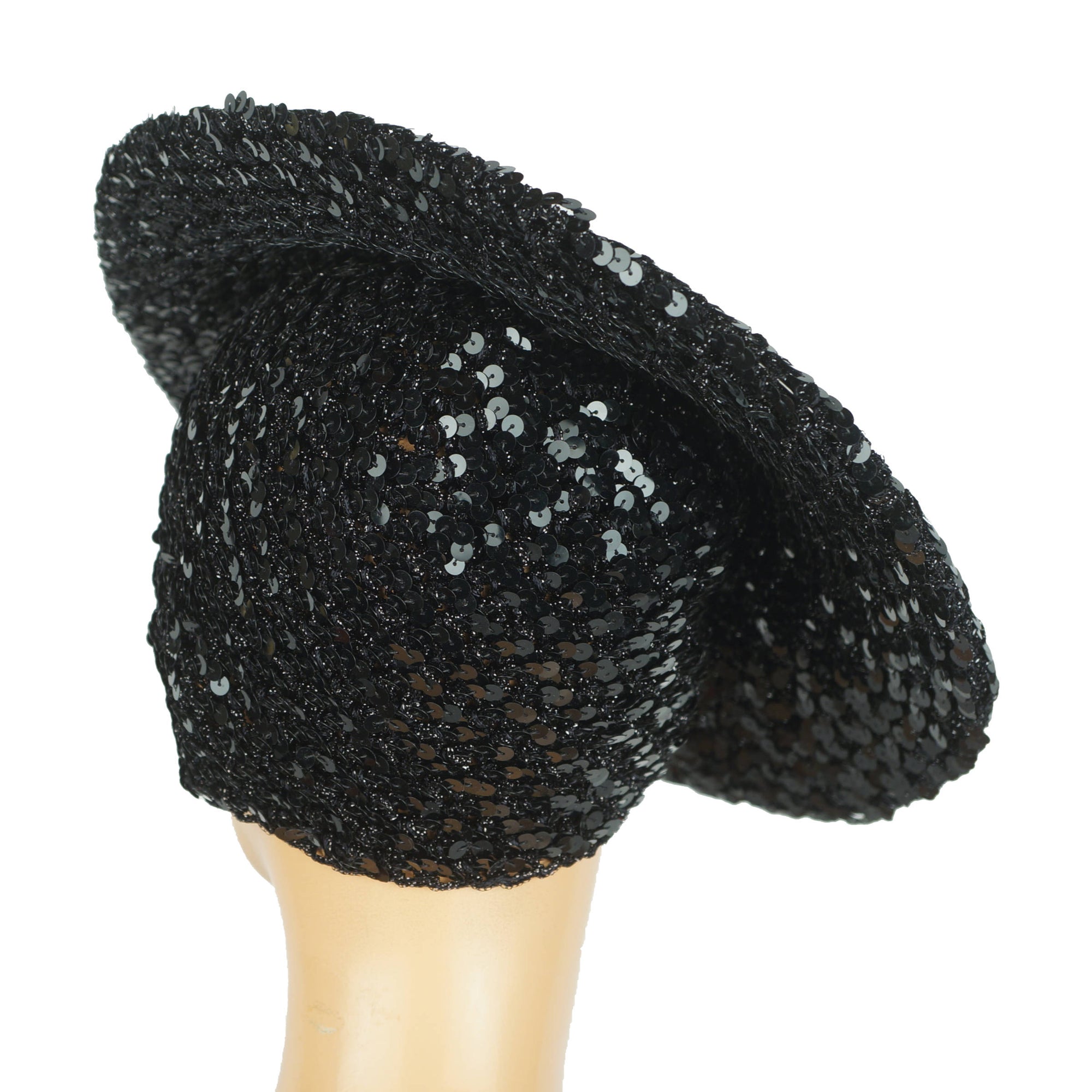 Vintage 70s Black Sequinned Beret Disco Hat