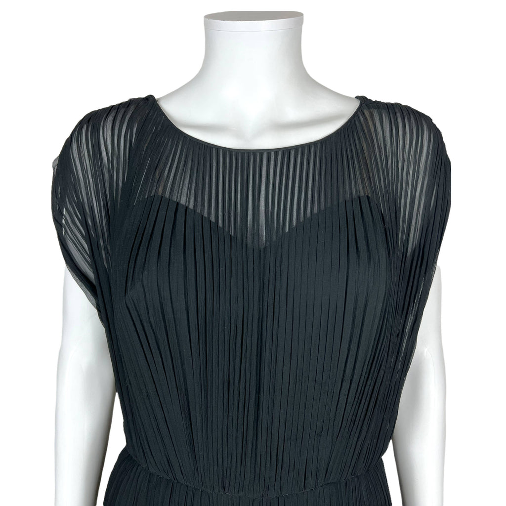 Vintage 1950s 60s Chiffon Dress Pleated Black Silk Size M