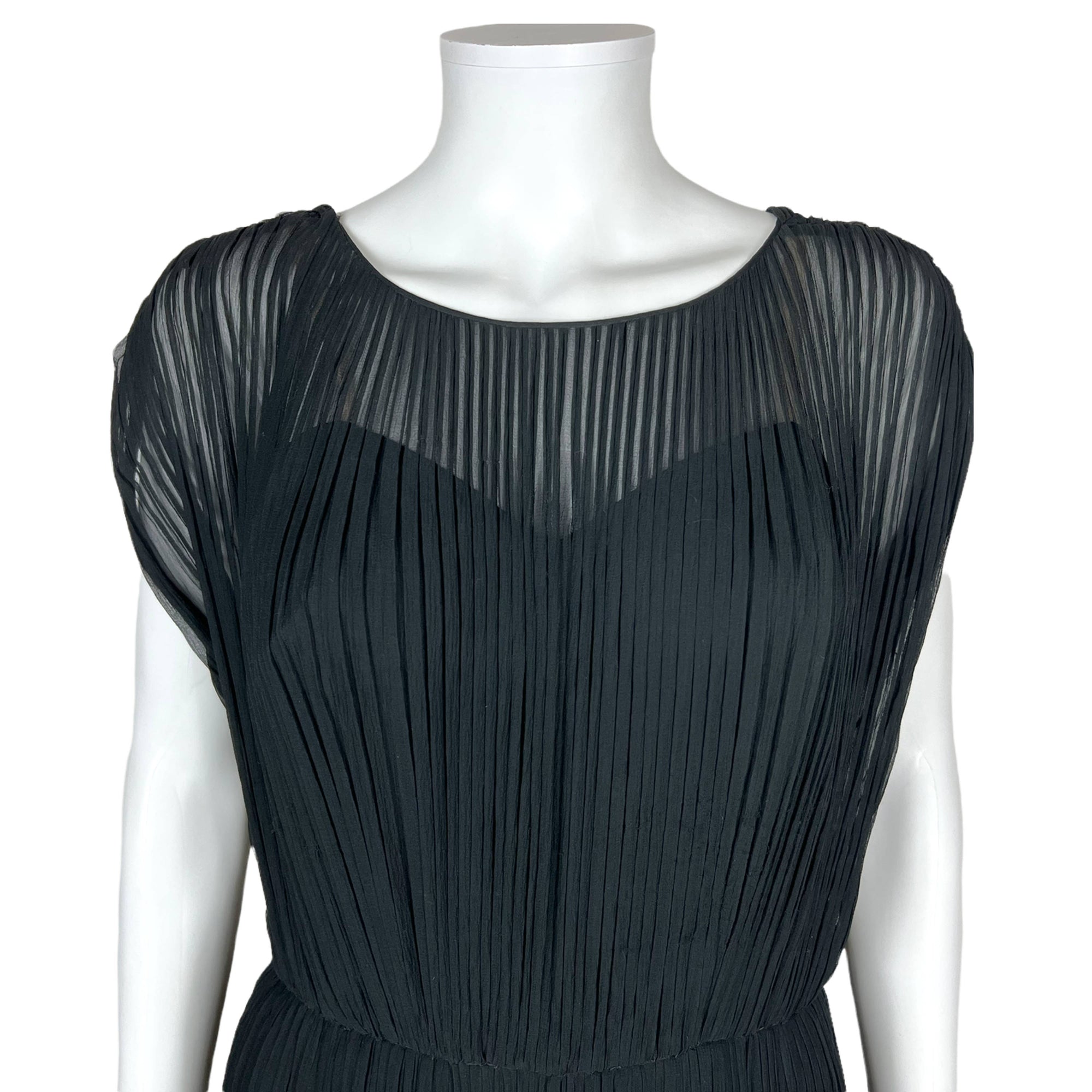 Vintage 1950s 60s Chiffon Dress Pleated Black Silk Size M