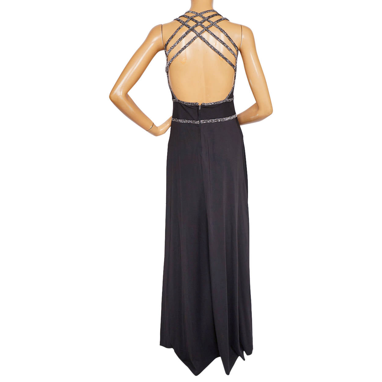 Vintage 1970s Disco Dress Black Polyester w Crisscross Silver Back Straps Size M - Poppy's Vintage Clothing
