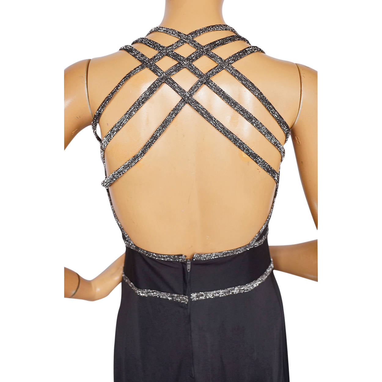 Vintage 1970s Disco Dress Black Polyester w Crisscross Silver Back Straps Size M - Poppy's Vintage Clothing