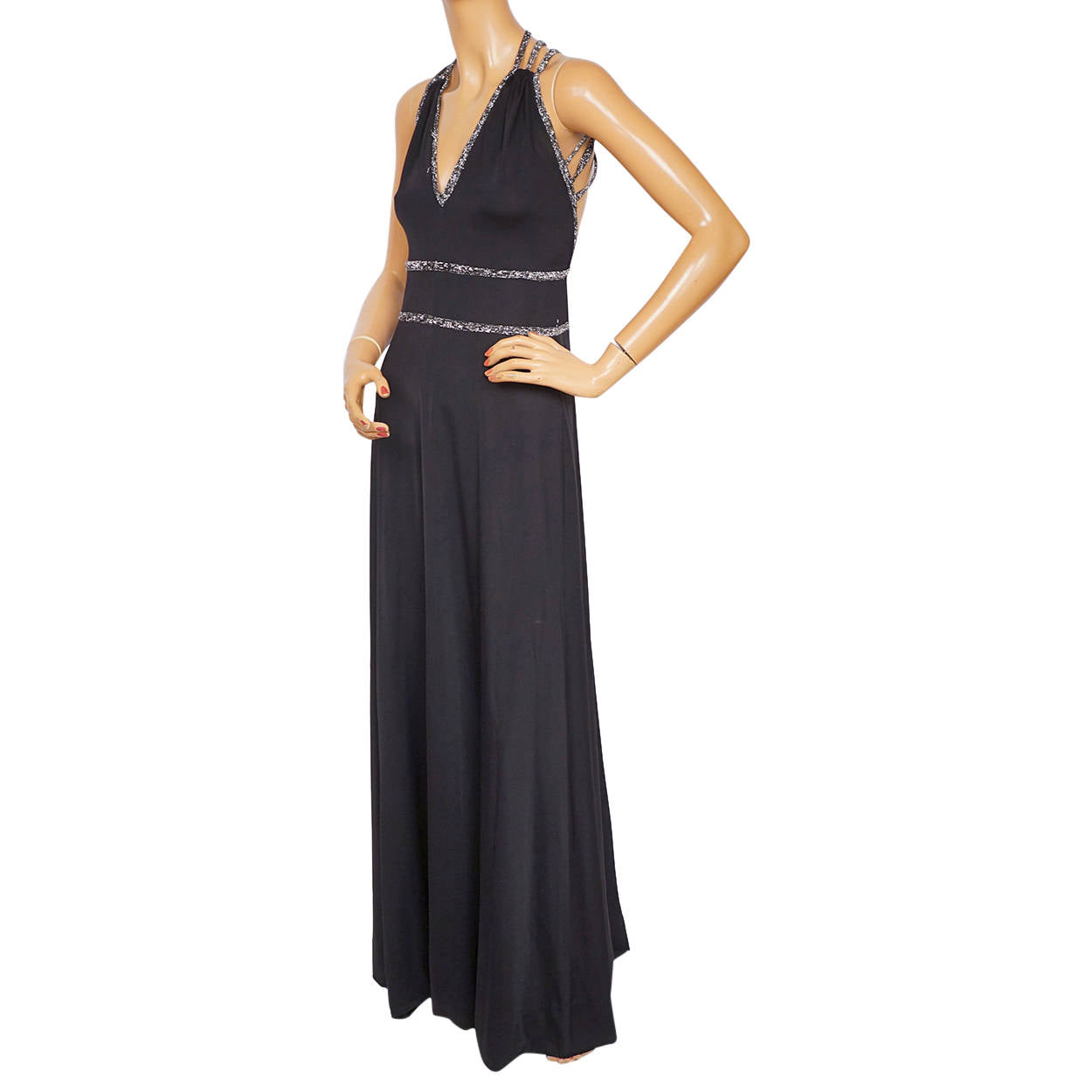 Vintage 1970s Disco Dress Black Polyester w Crisscross Silver Back Straps Size M - Poppy's Vintage Clothing