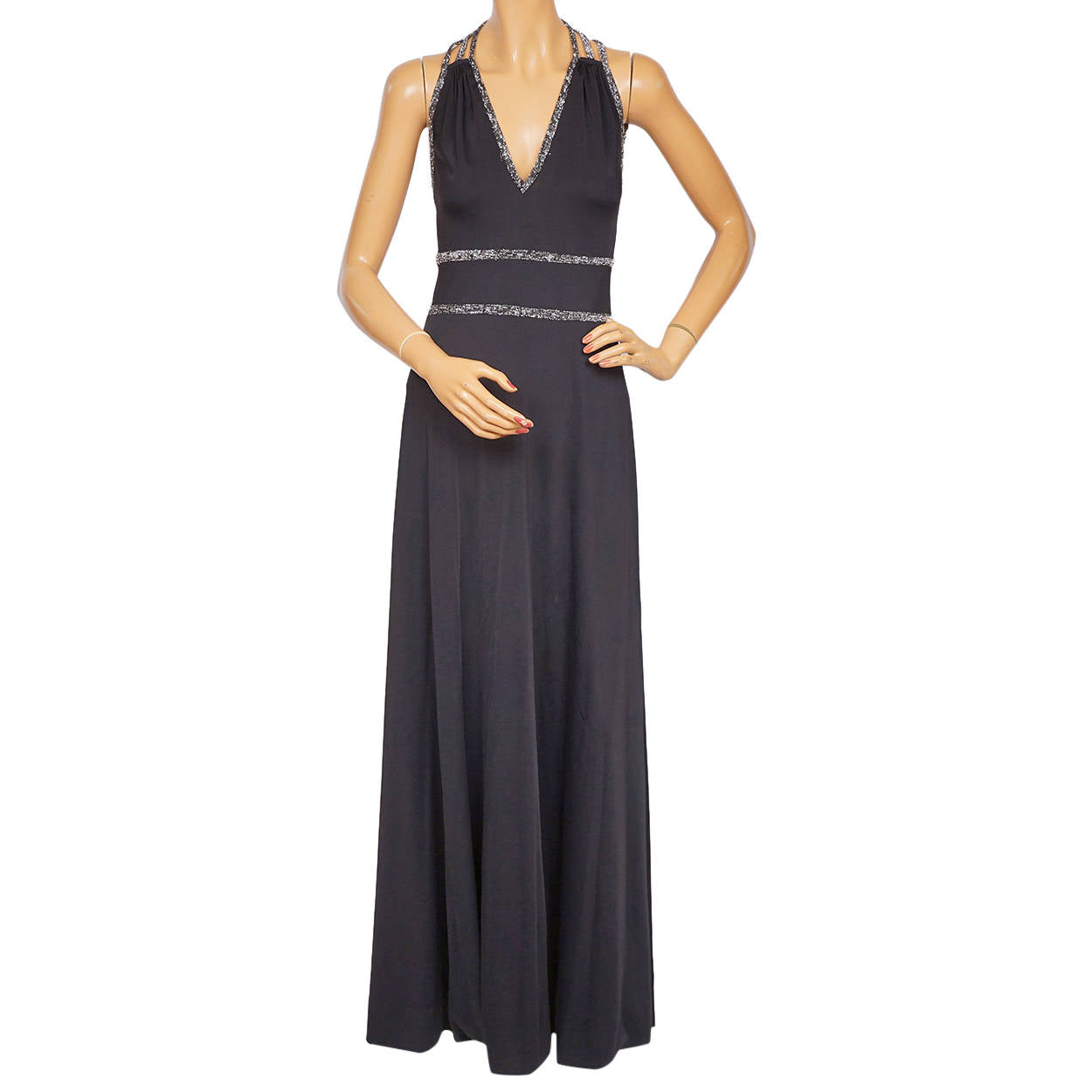 Vintage 1970s Disco Dress Black Polyester w Crisscross Silver Back Straps Size M - Poppy's Vintage Clothing