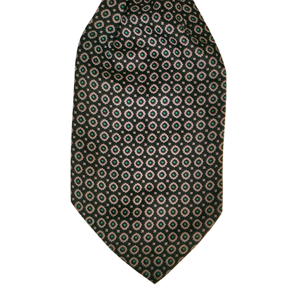 Vintage Black Silk Ascot w Silver Grey & Green Pattern Mens Cravat - Poppy's Vintage Clothing