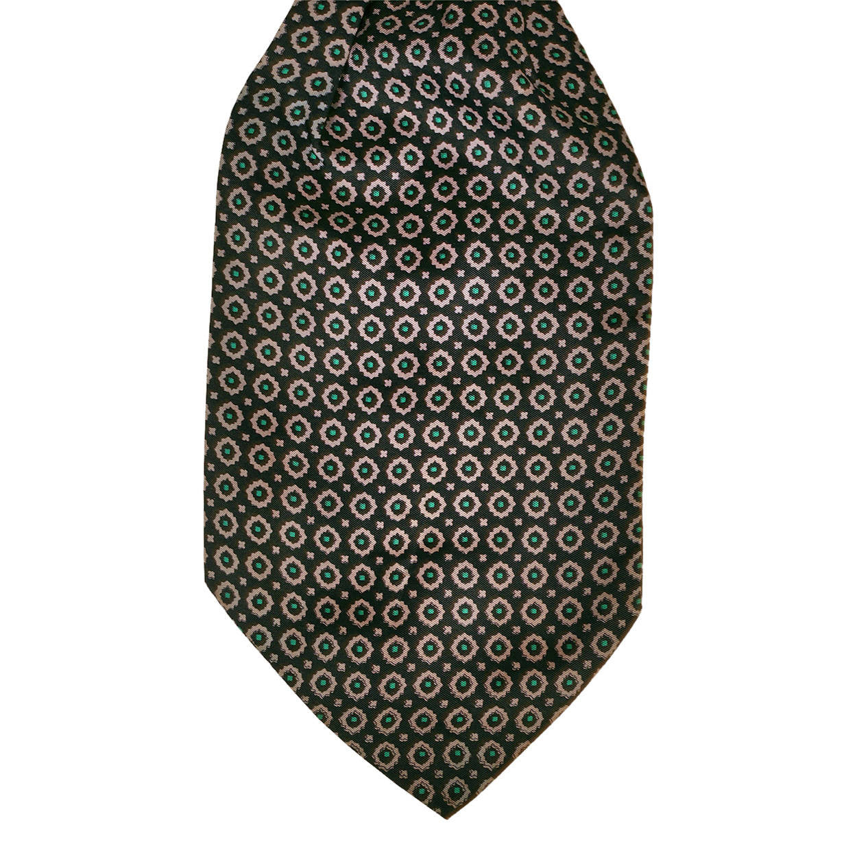 Vintage Black Silk Ascot w Silver Grey & Green Pattern Mens Cravat - Poppy's Vintage Clothing