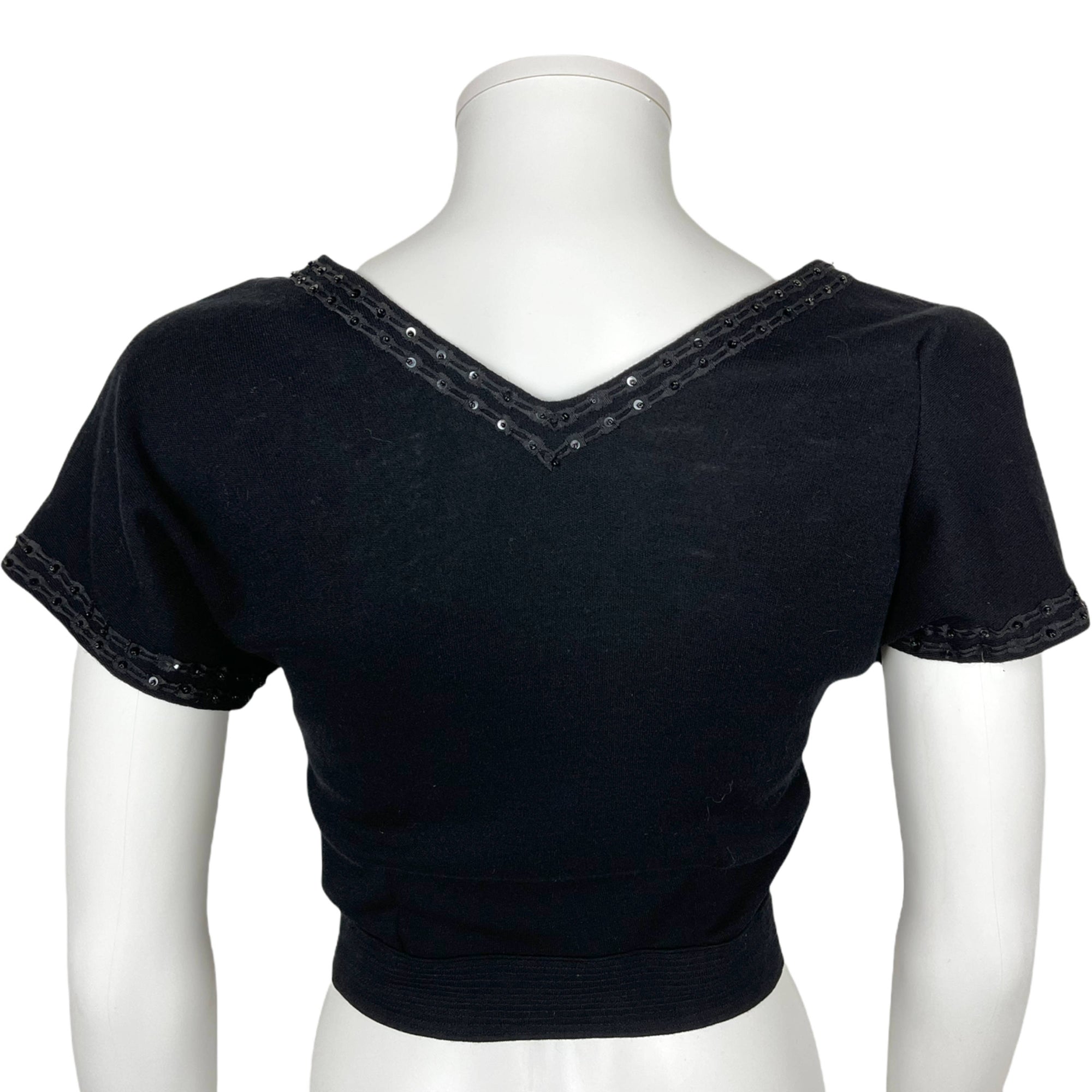 Vintage 1950s Wool Top Black Knit w Beaded Rickrack Size M