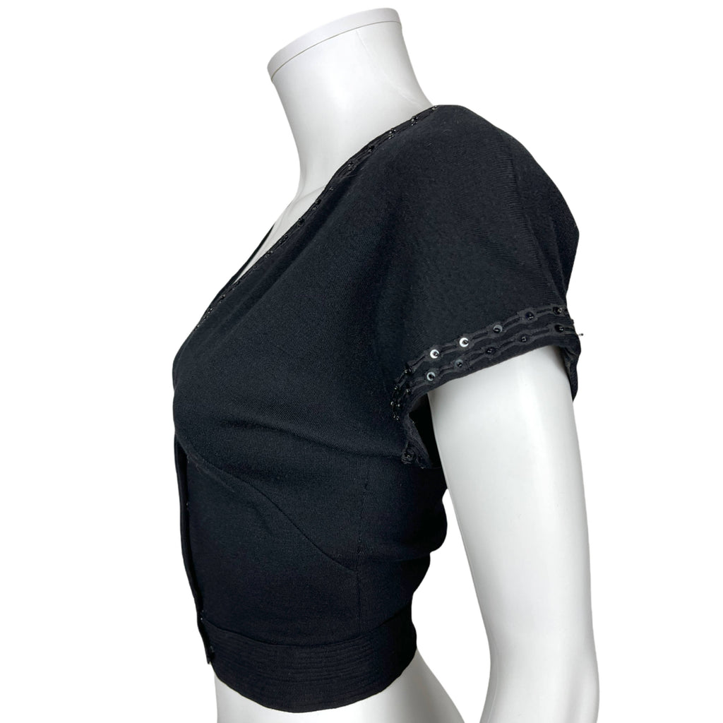 Vintage 1950s Wool Top Black Knit w Beaded Rickrack Size M