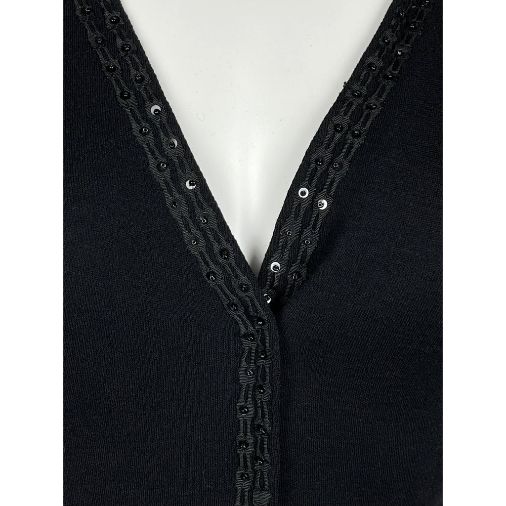 Vintage 1950s Wool Top Black Knit w Beaded Rickrack Size M