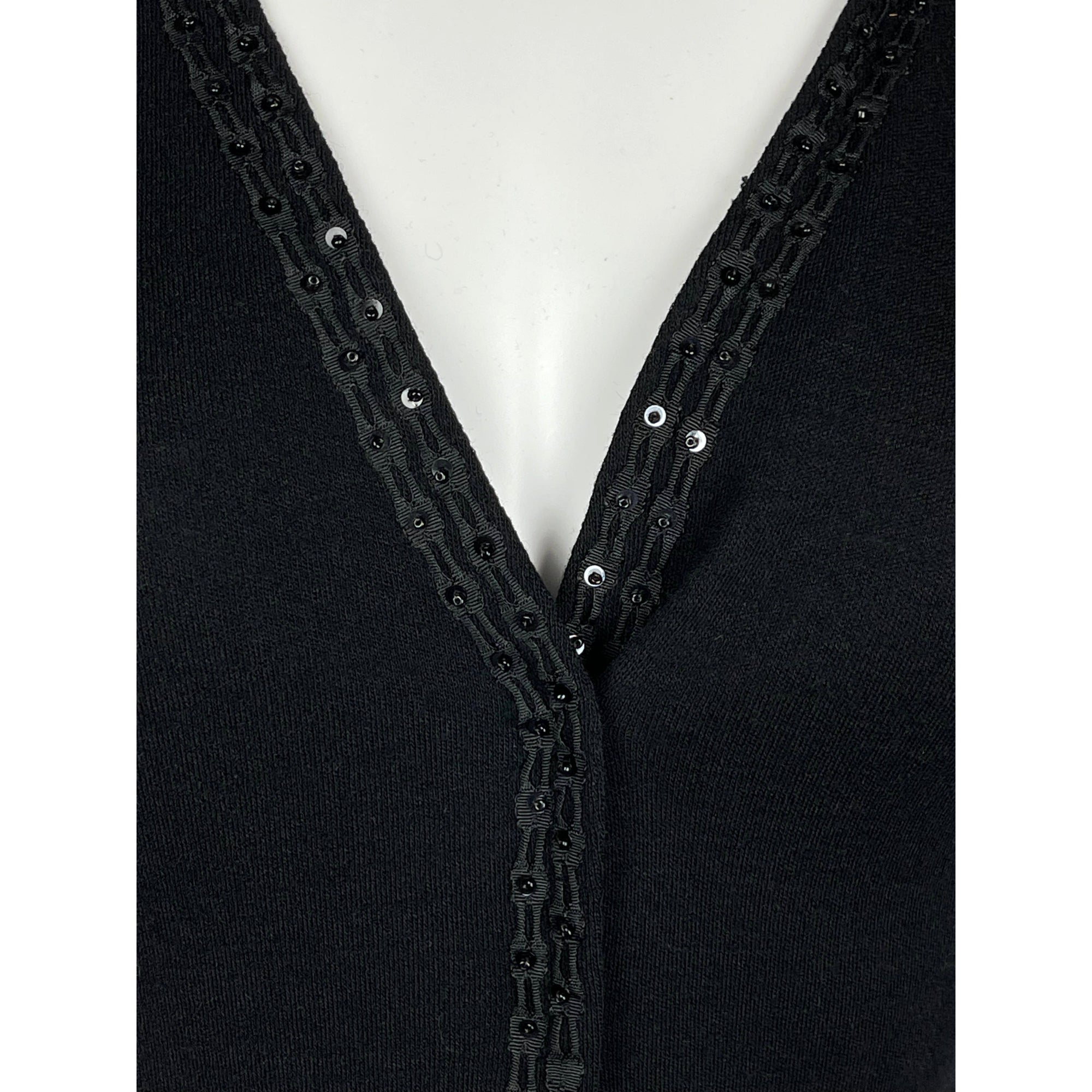 Vintage 1950s Wool Top Black Knit w Beaded Rickrack Size M