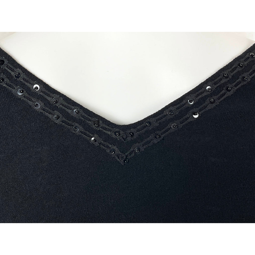 Vintage 1950s Wool Top Black Knit w Beaded Rickrack Size M