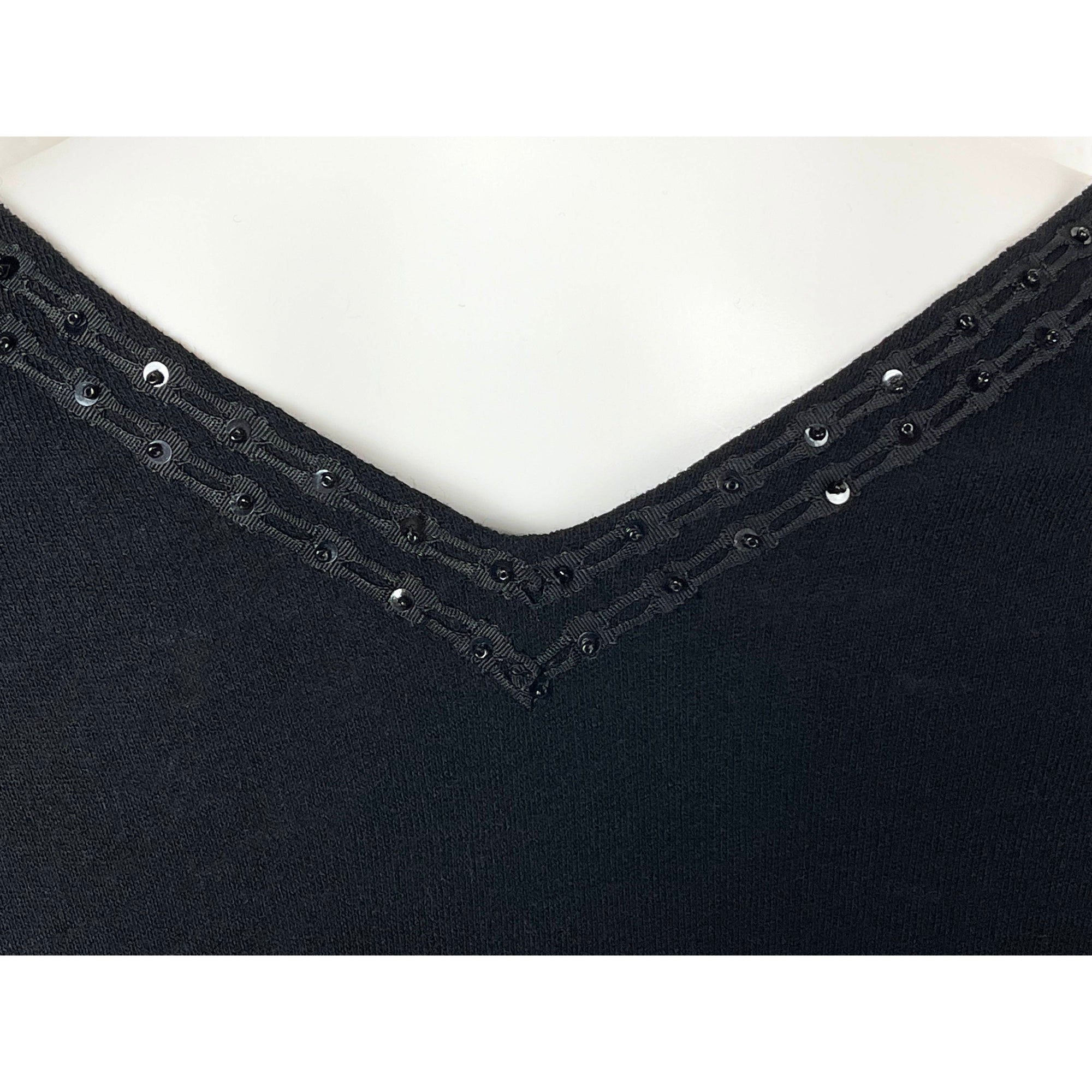 Vintage 1950s Wool Top Black Knit w Beaded Rickrack Size M