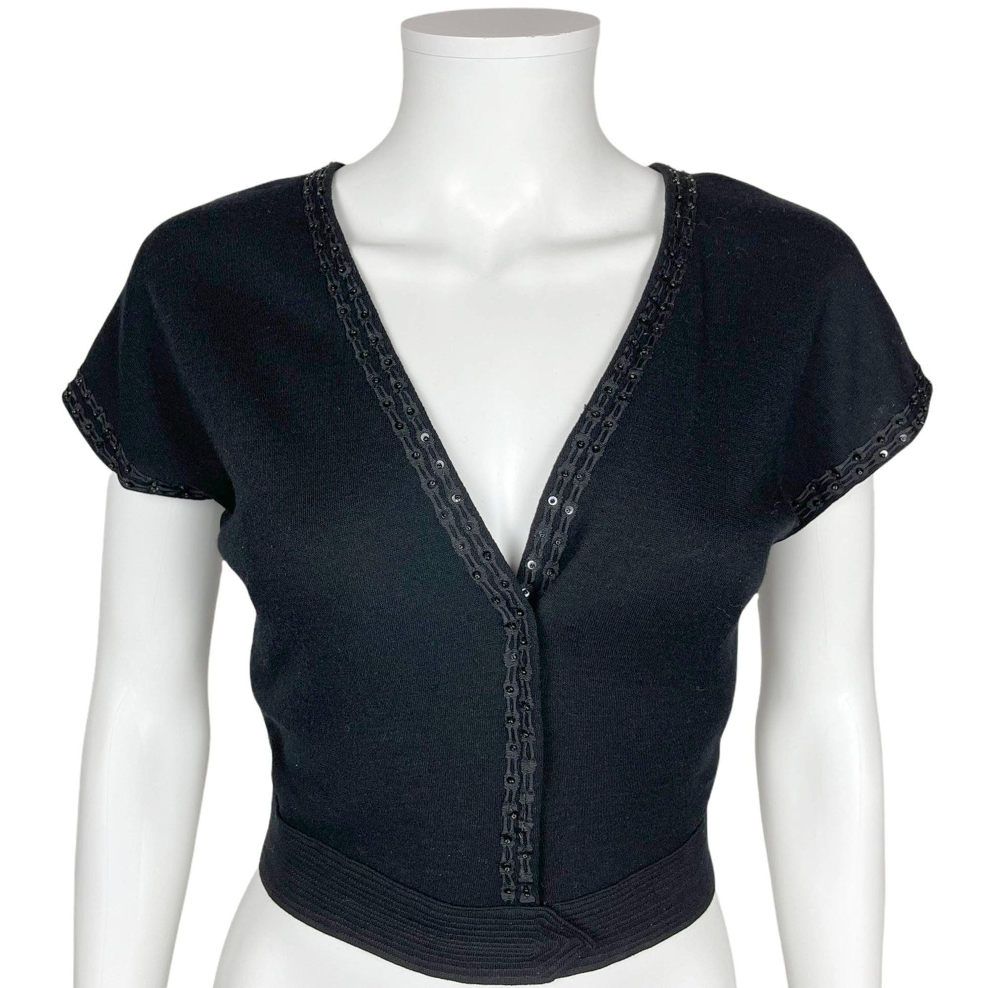 Vintage 1950s Wool Top Black Knit w Beaded Rickrack Size M