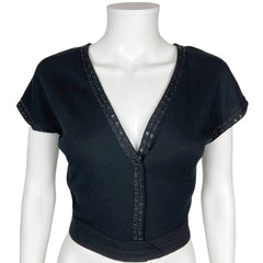 Vintage 1950s Wool Top Black Knit w Beaded Rickrack Size M
