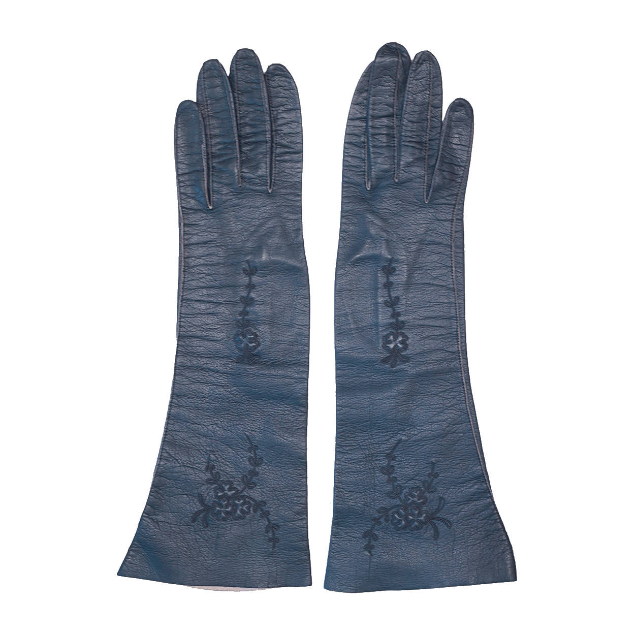 Vintage Blue Kid Leather Gloves with Embroidery 1940s Ladies Size 6.25 - Poppy's Vintage Clothing