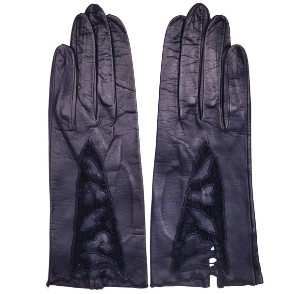 Vintage Ladies Blue Leather Gloves Unused Lace Inset Cutwork Size 7 - Poppy's Vintage Clothing