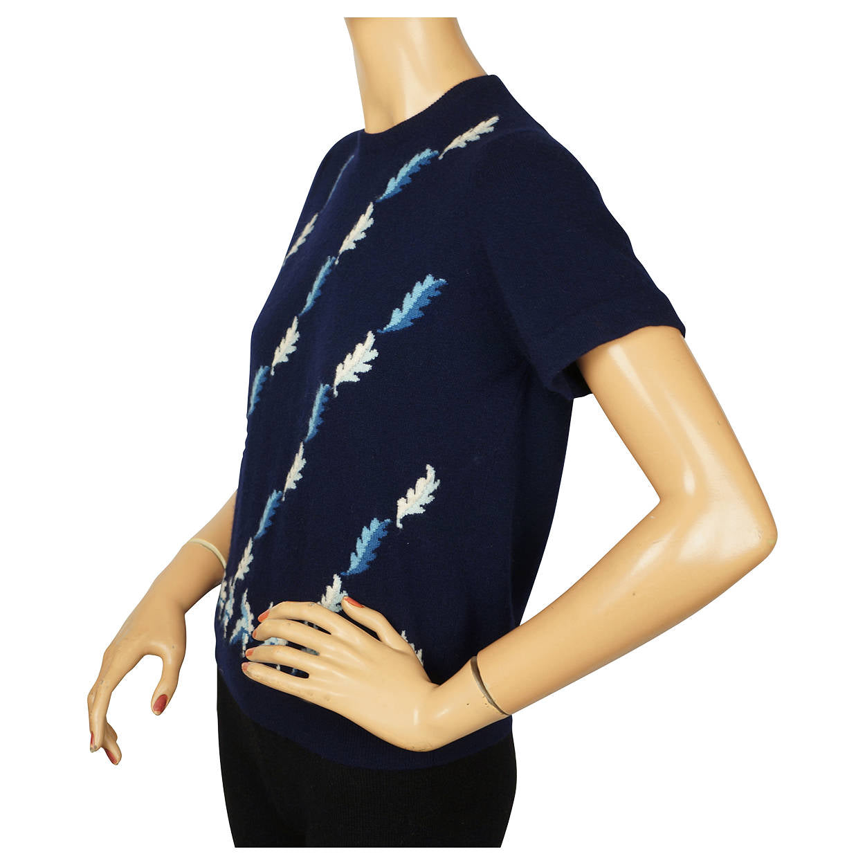 Vintage 1960s Blue Cashmere Pullover Sweater with Oak Leaf Pattern Ladies M - Poppy's Vintage Clothing