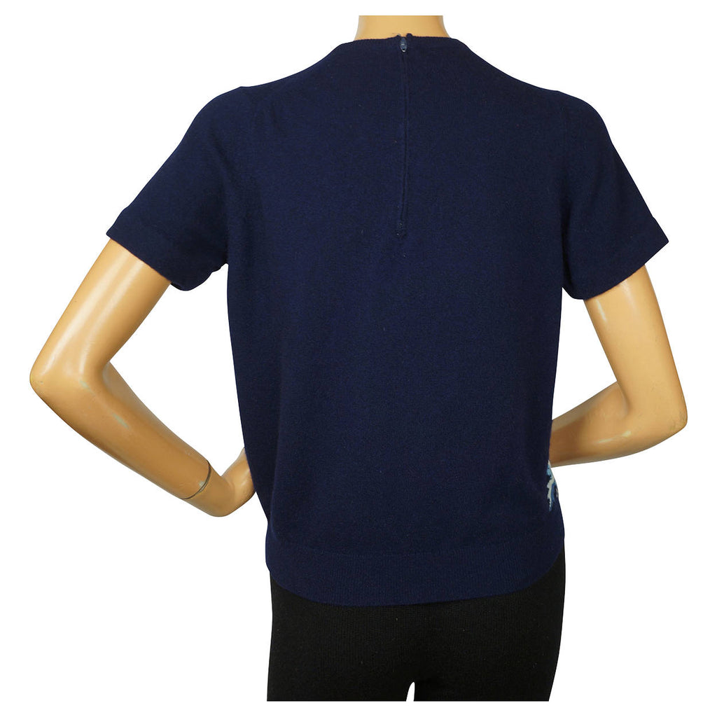 Vintage 1960s Blue Cashmere Pullover Sweater with Oak Leaf Pattern Ladies M - Poppy's Vintage Clothing