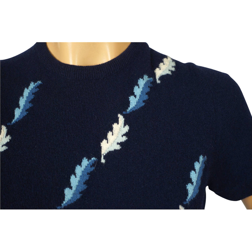 Vintage 1960s Blue Cashmere Pullover Sweater with Oak Leaf Pattern Ladies M - Poppy's Vintage Clothing