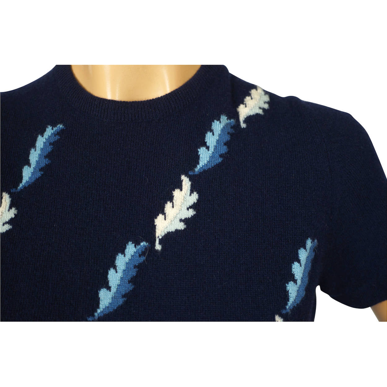 Vintage 1960s Blue Cashmere Pullover Sweater with Oak Leaf Pattern Ladies M - Poppy's Vintage Clothing