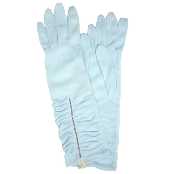 Vintage 1960s NOS Nylon Gloves with Pearl Trim Pale Blue Unused Ladies Size 6.5 - Poppy's Vintage Clothing