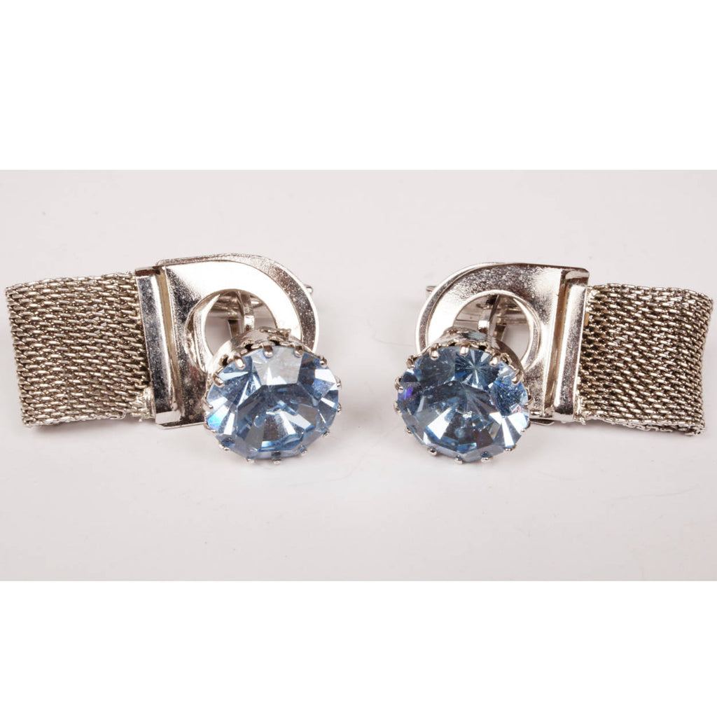 Vintage 1960s Blue Rhinestone Cufflinks w Cuff Guards - Poppy's Vintage Clothing