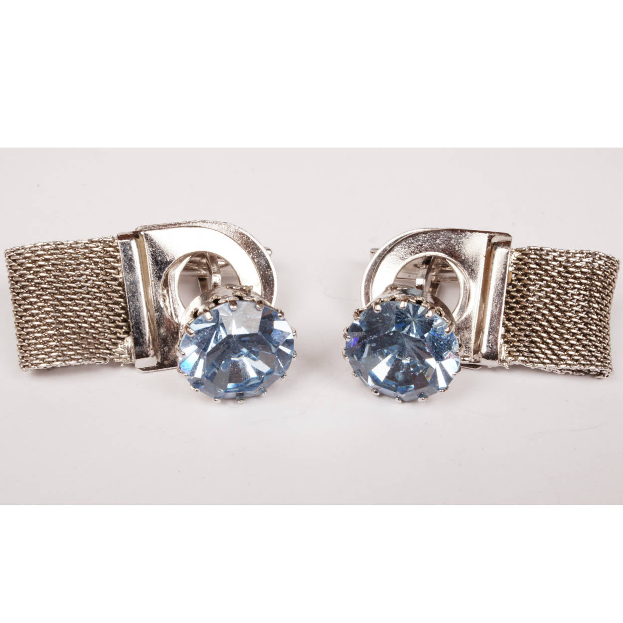 Vintage 1960s Blue Rhinestone Cufflinks w Cuff Guards - Poppy's Vintage Clothing