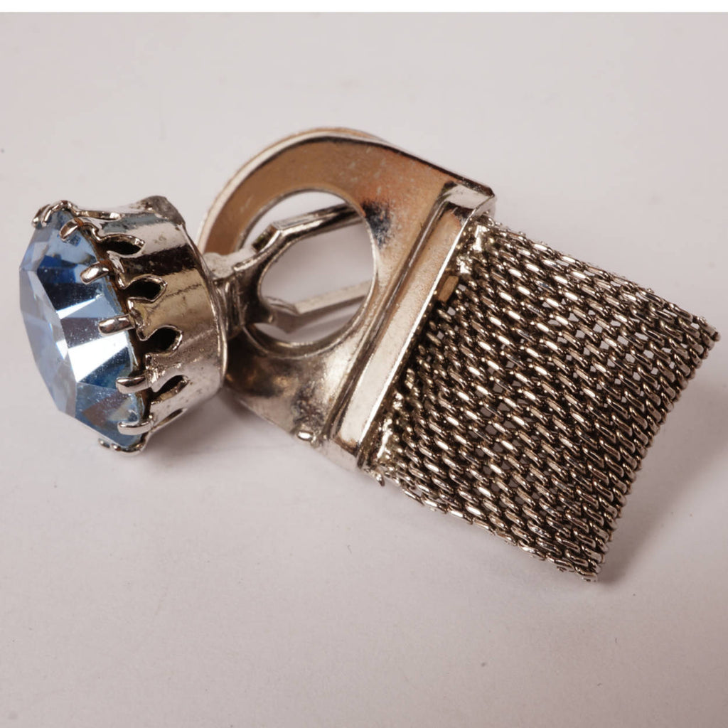Vintage 1960s Blue Rhinestone Cufflinks w Cuff Guards - Poppy's Vintage Clothing