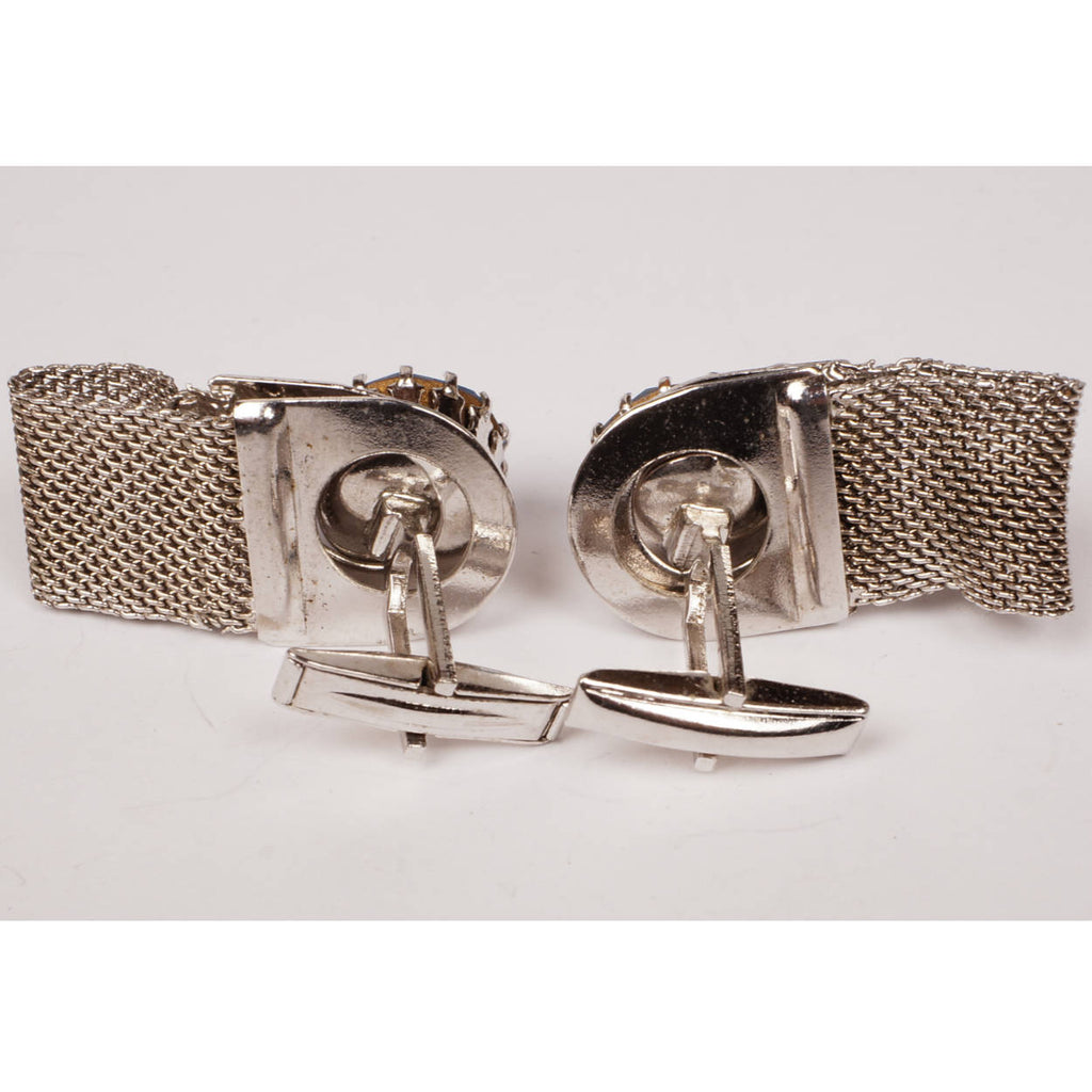 Vintage 1960s Blue Rhinestone Cufflinks w Cuff Guards - Poppy's Vintage Clothing
