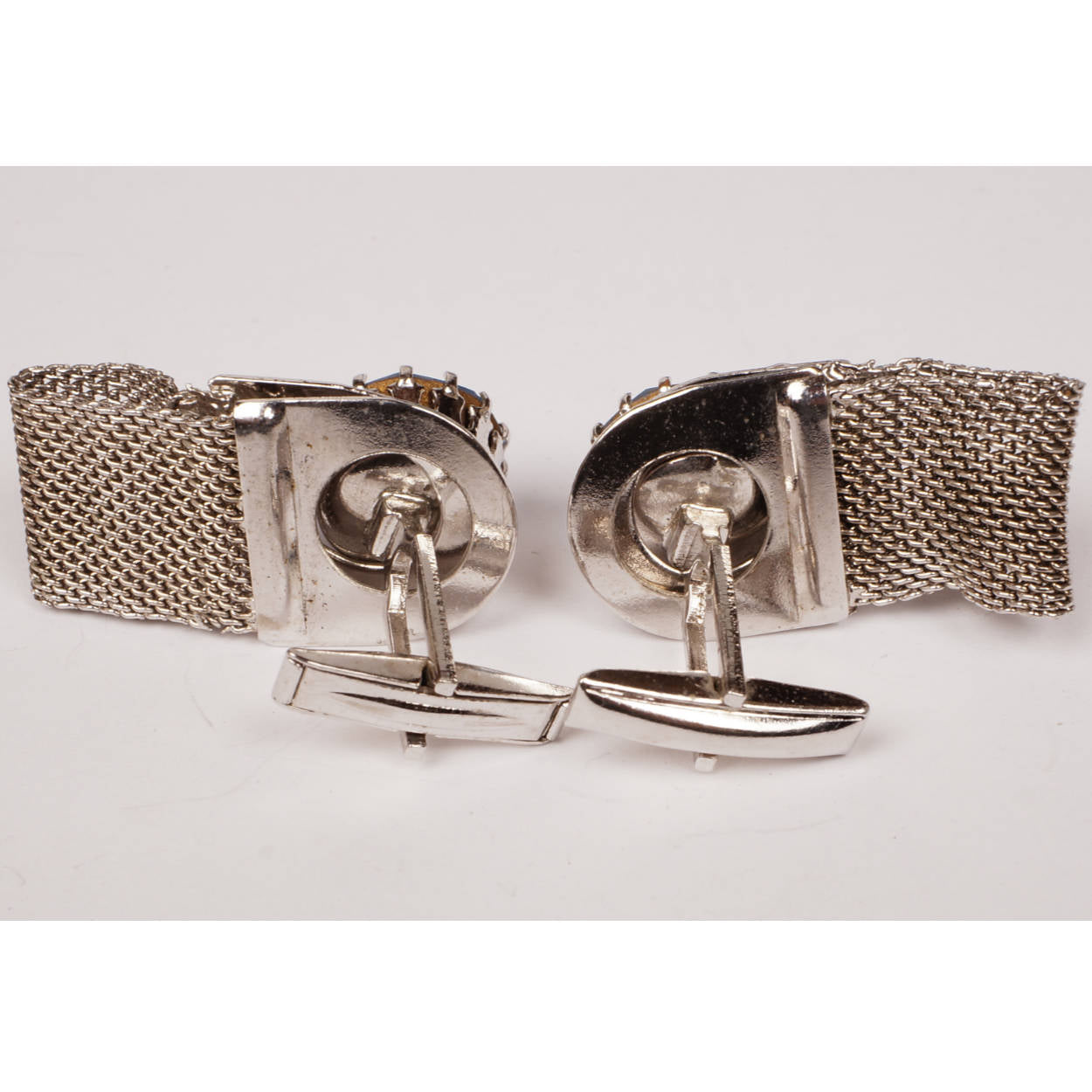 Vintage 1960s Blue Rhinestone Cufflinks w Cuff Guards - Poppy's Vintage Clothing
