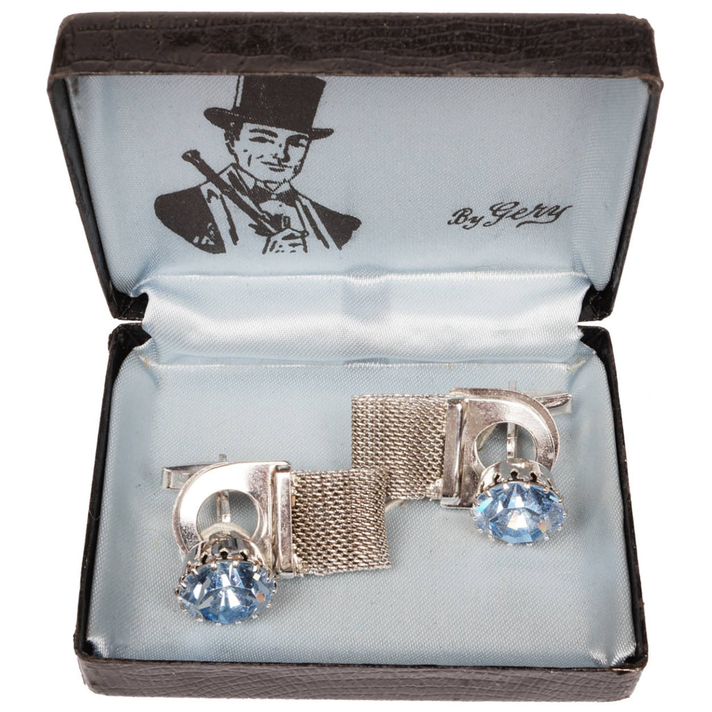 Vintage 1960s Blue Rhinestone Cufflinks w Cuff Guards - Poppy's Vintage Clothing