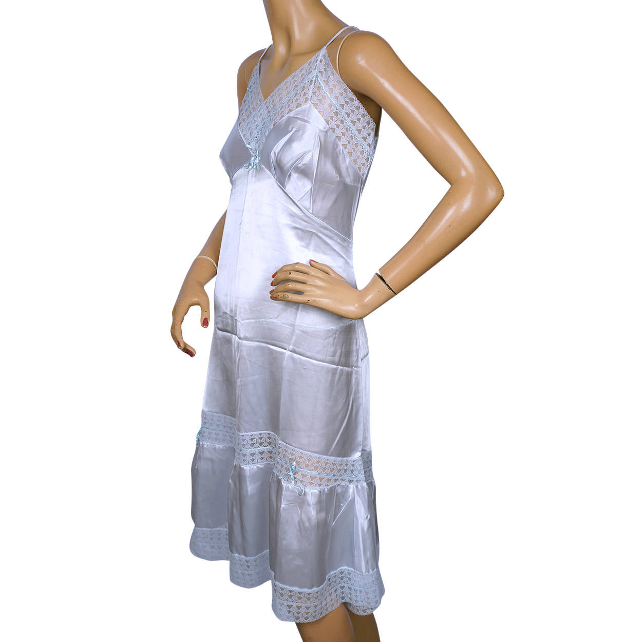 Vintage 1940s Blue Satin Slip with Lace Trim Size M Excellent Condition - Poppy's Vintage Clothing