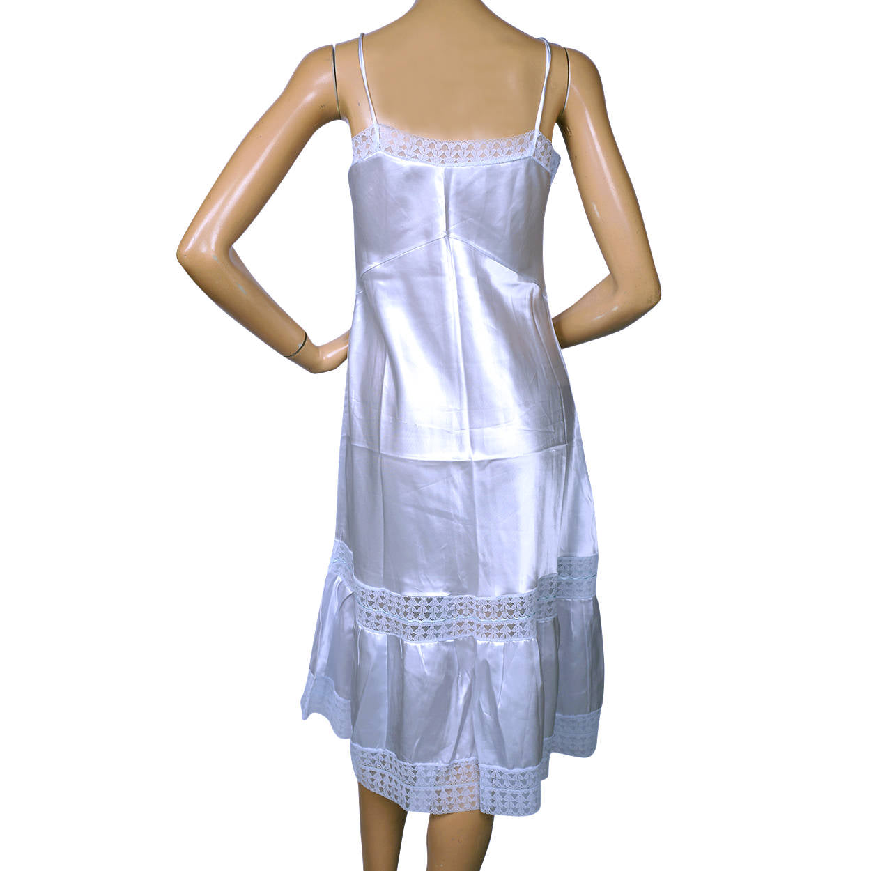 Vintage 1940s Blue Satin Slip with Lace Trim Size M Excellent Condition - Poppy's Vintage Clothing