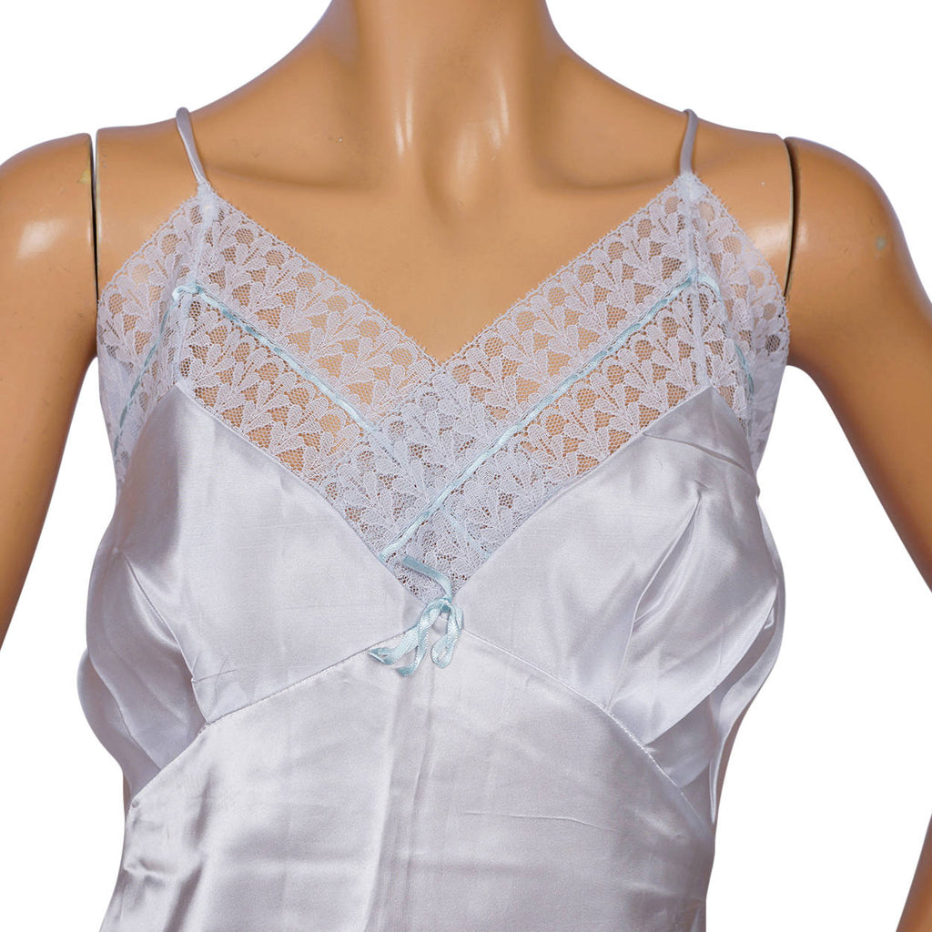 Vintage 1940s Blue Satin Slip with Lace Trim Size M Excellent Condition - Poppy's Vintage Clothing