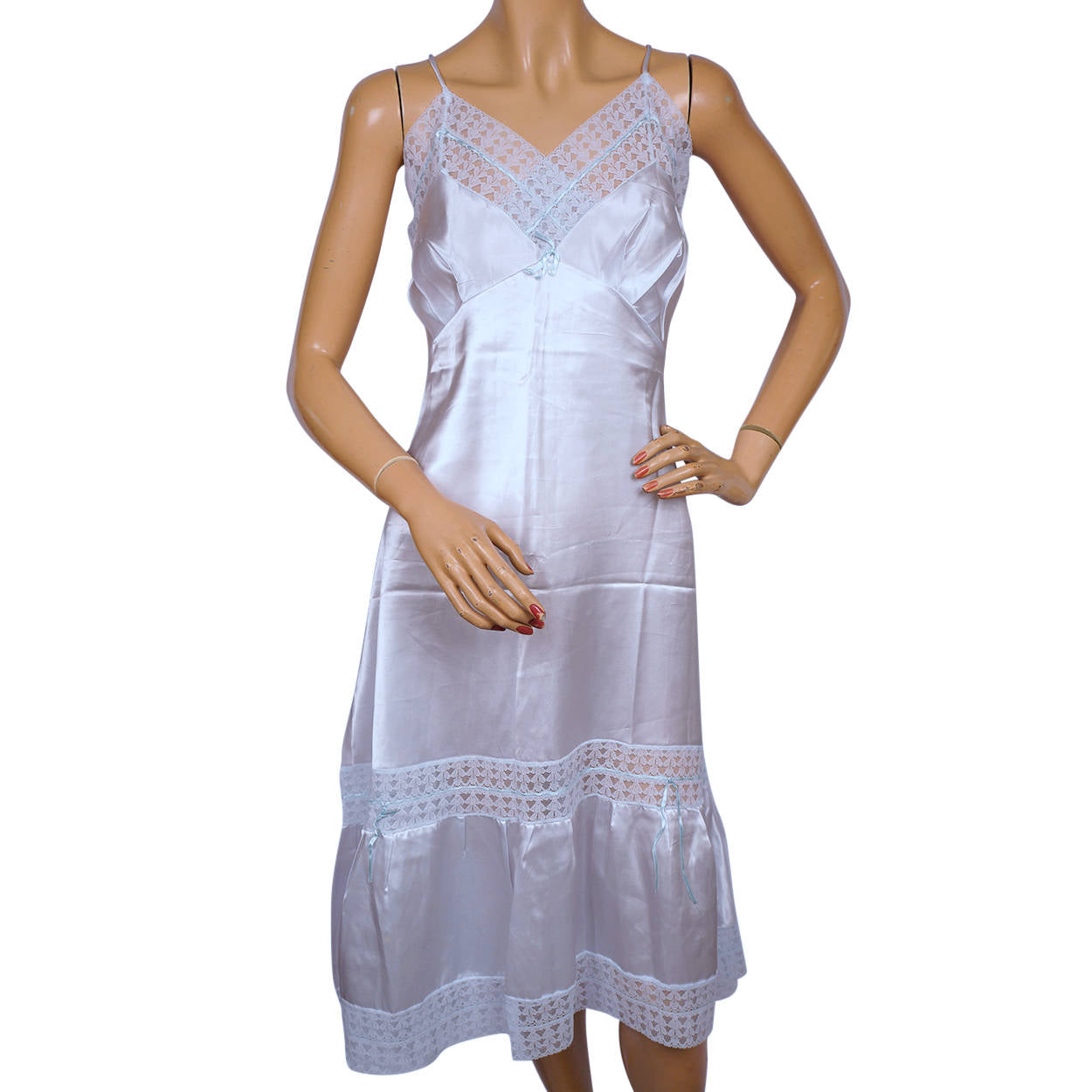 Vintage 1940s Blue Satin Slip with Lace Trim Size M Excellent Condition - Poppy's Vintage Clothing