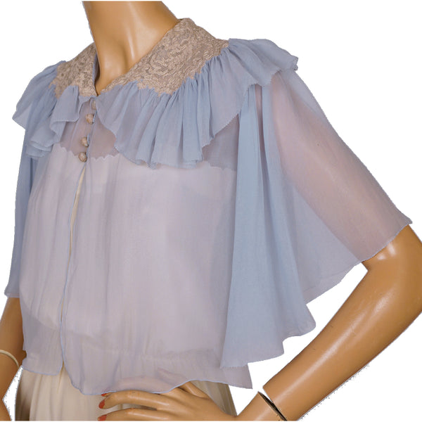 Vintage 1930s Bed Jacket Blue Silk Chiffon w Lace Trim Ethereal S M - Poppy's Vintage Clothing